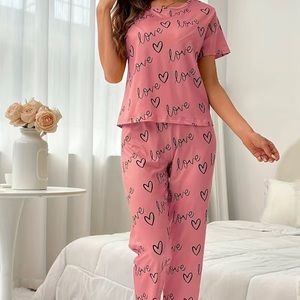Love & Hearts Pajama Set Pink + Eye Mask Women’s Size L
